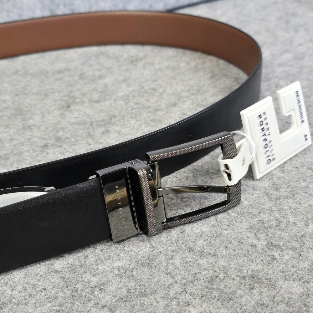 Perry Ellis Belt Mens 44 Black Brown Reversible Faux Leather Dress Buckle - Picture 2 of 7